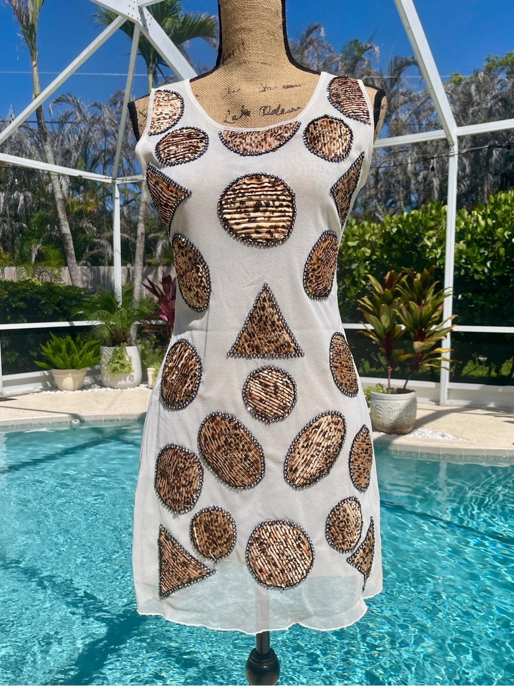 Mini Cocktail Dress - Fits Like Small, Ivory & Brown Geometric Print